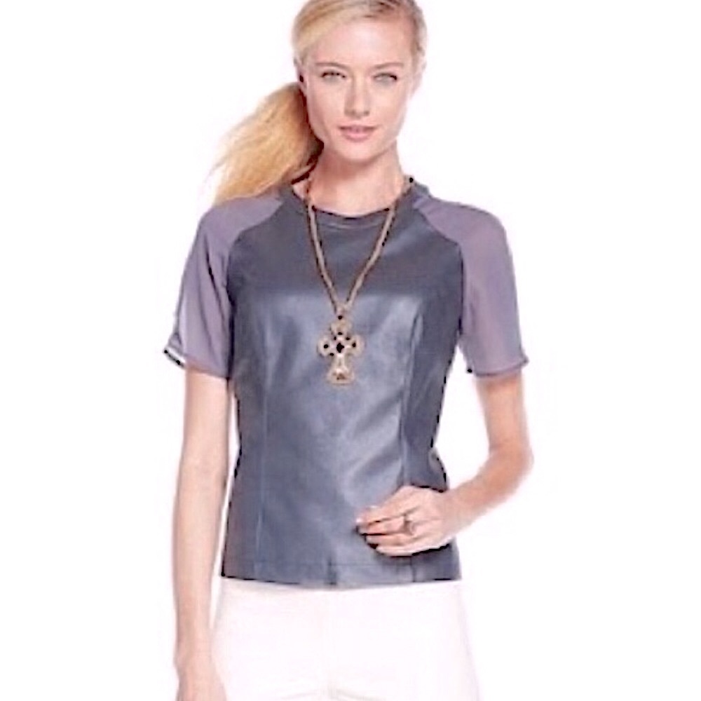 🆕 G by Giuliana Rancic Short Sleeve Charcoal Gray Leather Luxury Top, S